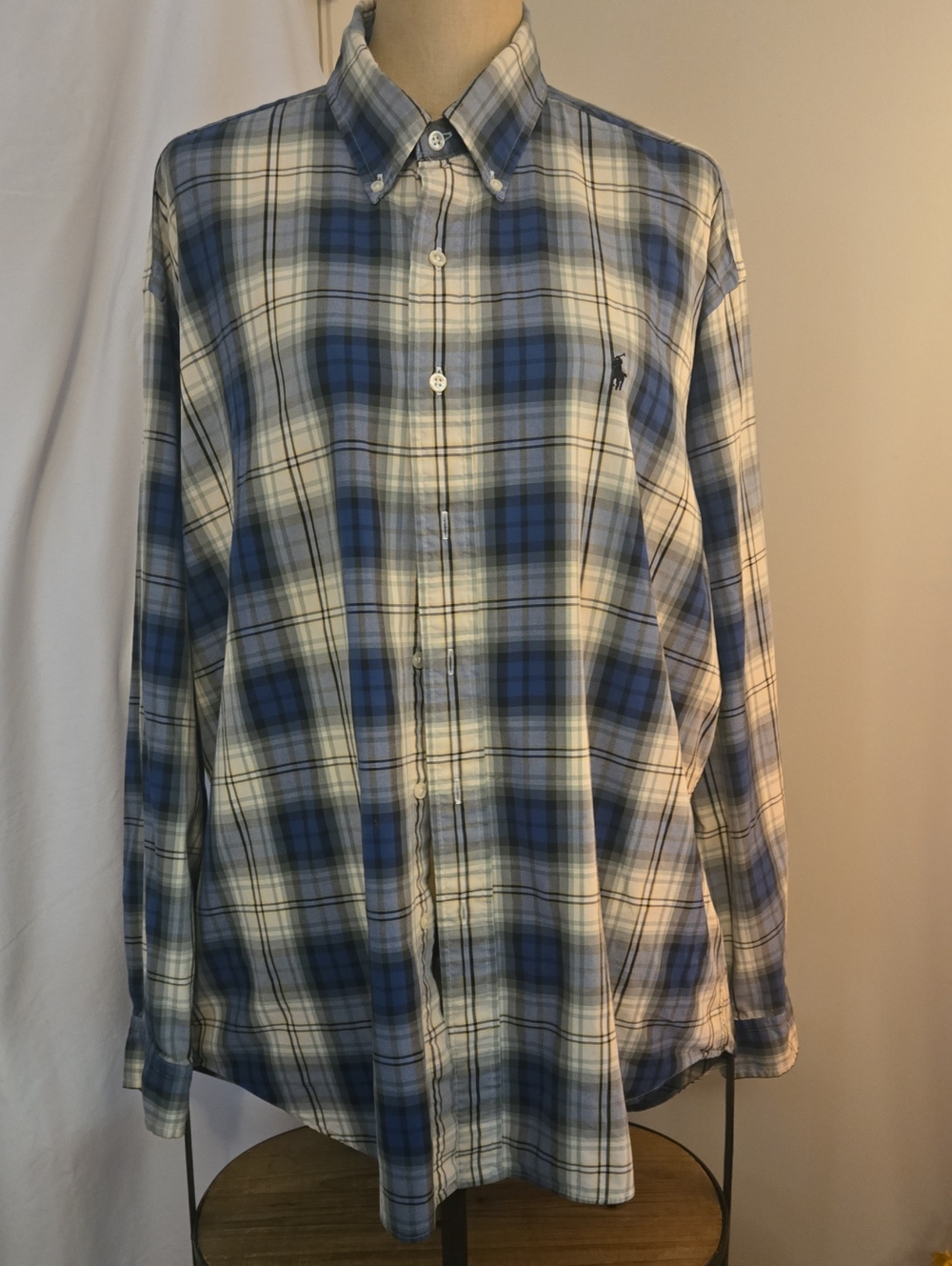 Polo by Ralph Lauren Men's XL White and Blue Plaid Button-Down Shirt 100% Cotton